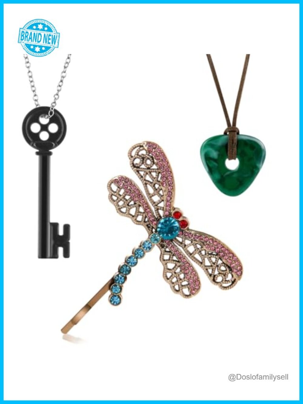 3PCS Cosplay Jewelry Set Key Necklace Green Stone Dragonfly Hair Clip